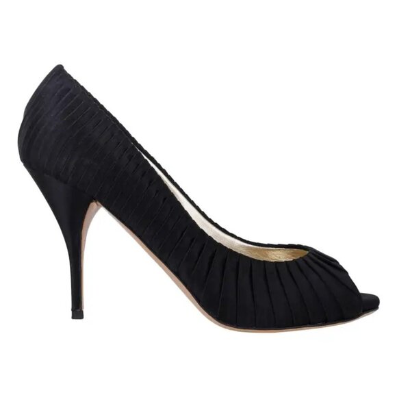 Valentino Garavani Black Peep Toe Pump Tuxedo Pleated Satin - Picture 1 of 10